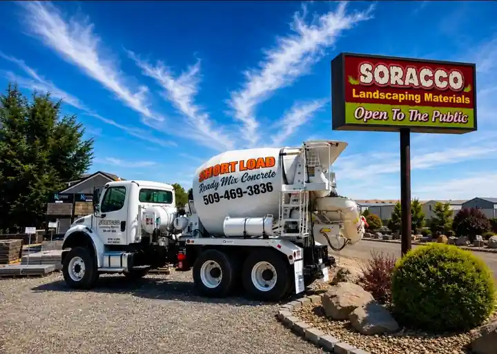 White SHORT LOAD ready-mix truck parked under the red Soracco Landscaping Materials, Open To The Public sign